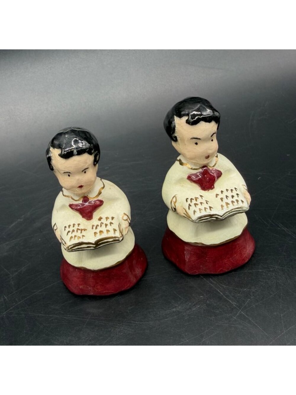 Vintage Choir Boy Figurines Miniatures Maroon Red White Ceramic Mid Century